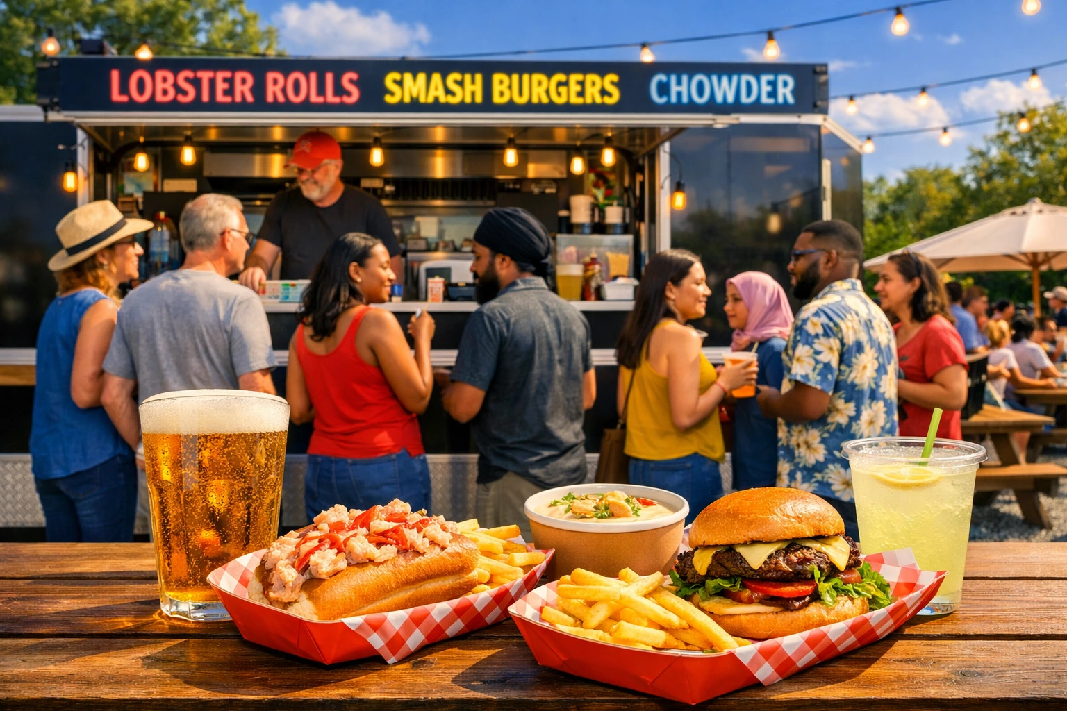 Modern food truck serving lobster rolls, smash burgers, and chowder under string lights with diverse customers ordering and dining outdoors.