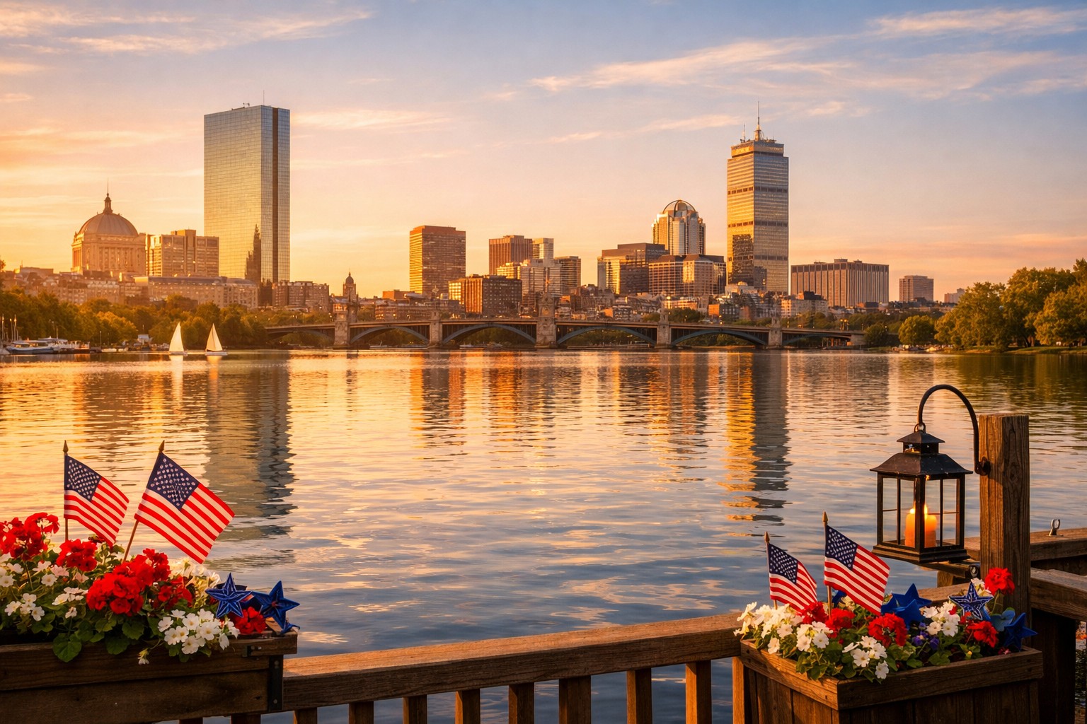 Boston skyline at golden hour reflected over the Charles River with small American flags in the foreground for Memorial Day Weekend.