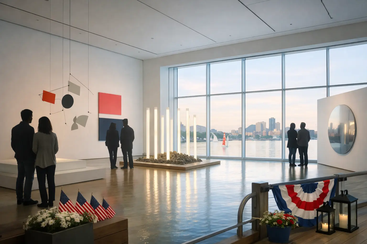 Visitors inside the ICA Boston viewing contemporary art in bright waterfront galleries