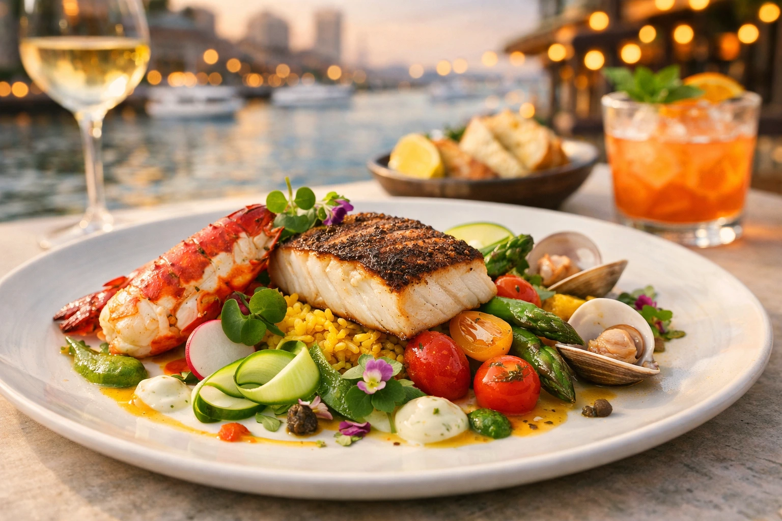 Brightly plated modern seafood and Mediterranean‑style dish with fresh summer colors and soft editorial lighting.