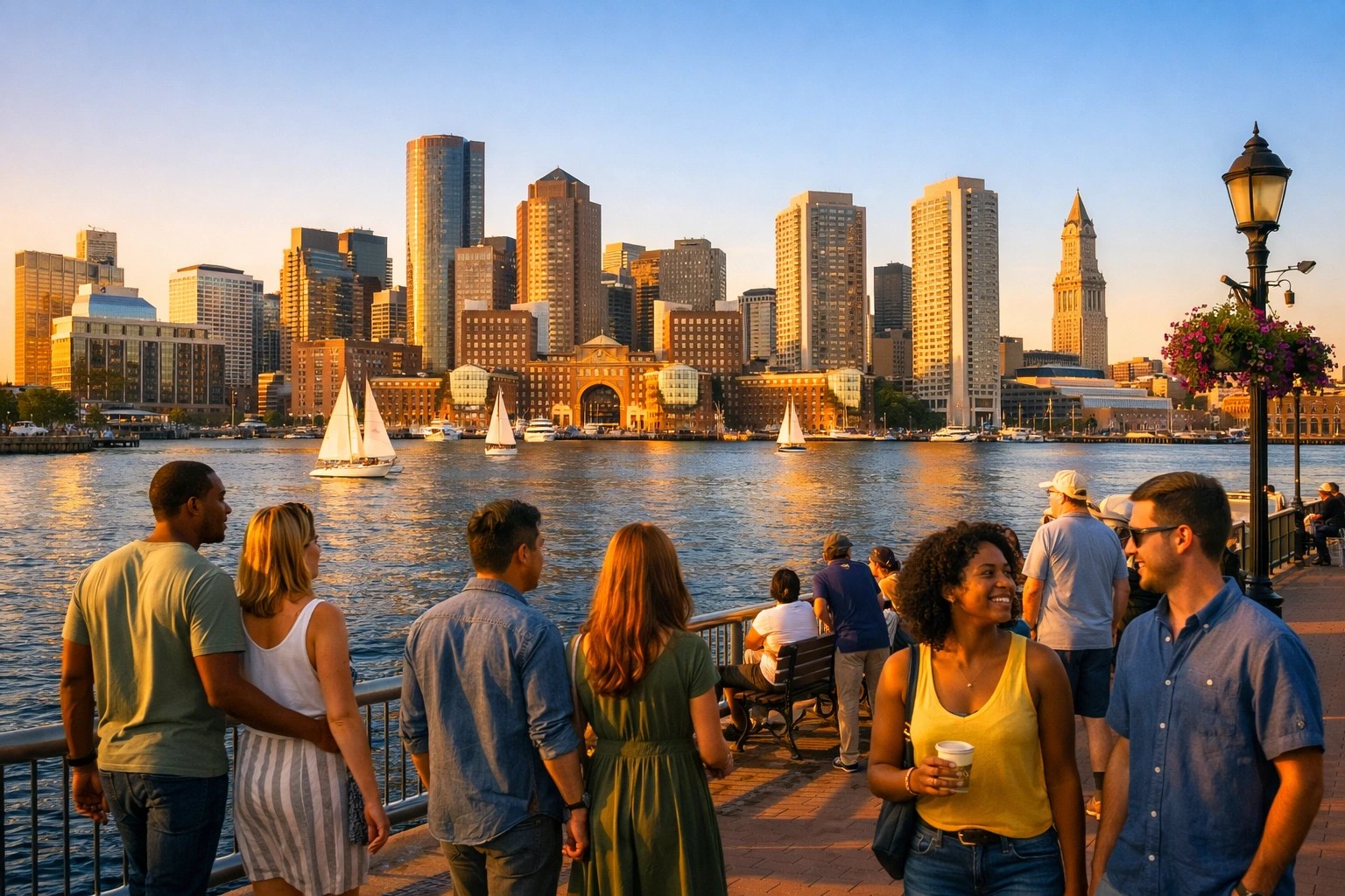 Boston Harborwalk at golden hour with people enjoying the waterfront, sailboats on the water, and the skyline glowing in warm June light.