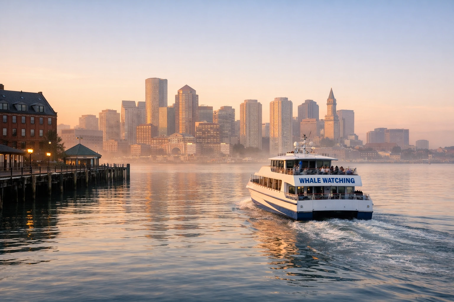 Whale‑watching boat departing Boston Harbor at sunrise with calm water and the skyline glowing behind it.