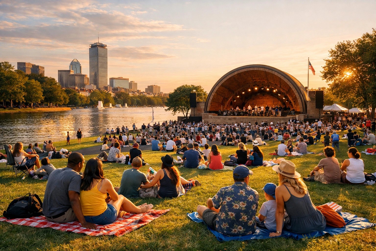 Crowds gathering on the Esplanade lawn at sunset with the Hatch Shell in the background