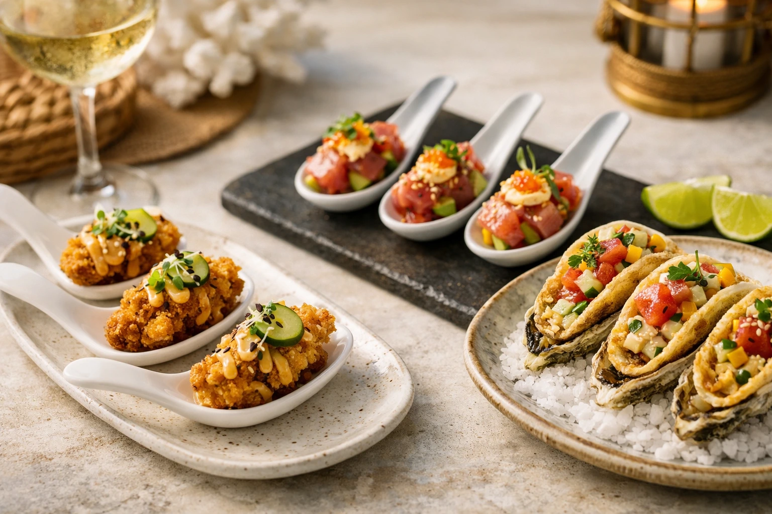 Close‑up of The Nautilus tasting menu featuring crispy chicken, tuna spoon, and signature oyster tacos.